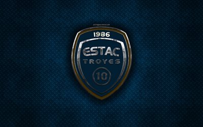 Troyes AC, club fran&#231;ais de football, bleu m&#233;tal, texture, en m&#233;tal, logo, embl&#232;me, Troyes, France, Ligue 2, art cr&#233;atif, football