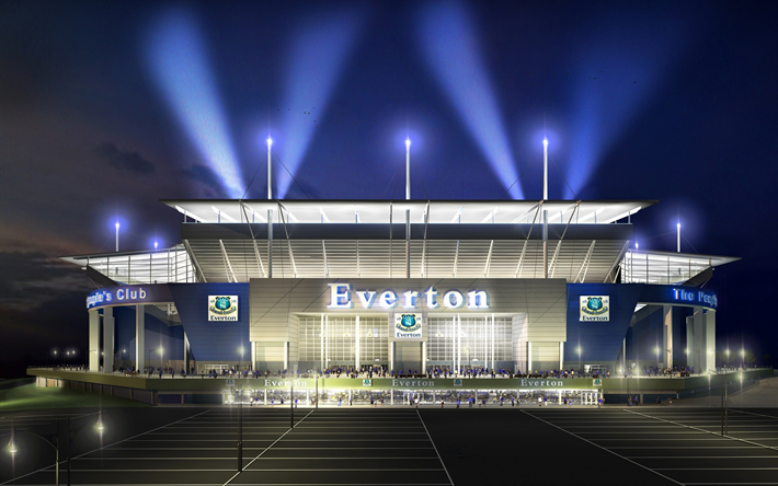 Goodison Park, gece, Everton Stadyumu, İngilizce stadyumlar, Everton FC, Futbol Stadyumu, Liverpool, İngiltere, Birleşik Krallık