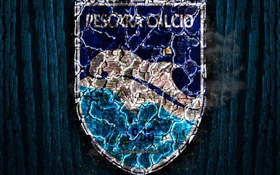 Delfino Pescara 1936, scorched logo, Serie B, blue wooden background, italian football club, Delfino Pescara FC, grunge, football, soccer, Delfino Pescara logo, fire texture, Italy