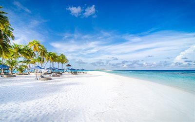 Maldivas, praia de luxo, oceano, Finolhu praia, Kanufushi Ilha, ilha tropical, palmeiras