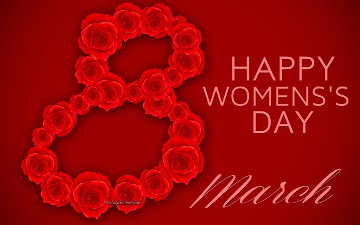 March 8, red roses, red background, Happy Women&#39;s Day, March 8 concepts, 8 from roses, red beautiful flowers, roses, greeting card