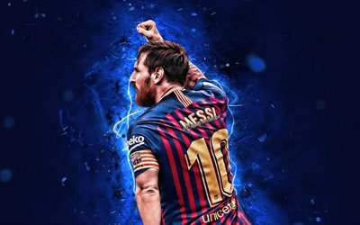 Leo Messi, back view, FCB, Barcelona FC, goal, Spain, argentinian footballers, La Liga, Lionel Messi, football stars, Messi, neon lights, LaLiga, Barca, soccer