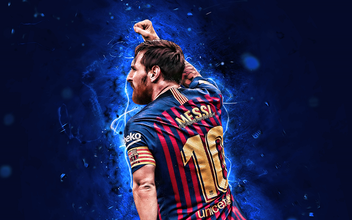 Leo Messi, vista posterior, FCB, O Barcelona FC, meta, Espanha, argentino de futebol, A Liga, Lionel Messi, estrelas do futebol, Messi, luzes de neon, LaLiga, Barca, futebol