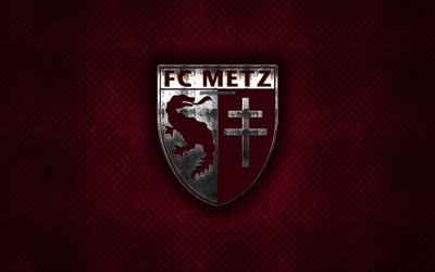 FC Metz, French football club, burgundy metal texture, metal logo, emblem, Metz, France, Ligue 2, creative art, football