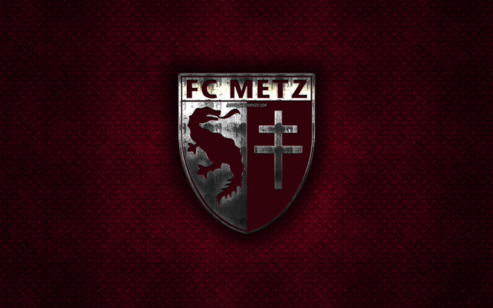 FC Metz, Ranskan football club, viininpunainen metalli tekstuuri, metalli-logo, tunnus, Metz, Ranska, League 2, creative art, jalkapallo
