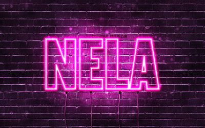 Nela, 4k, fonds d’&#233;cran avec des noms, noms f&#233;minins, nom Nela, n&#233;ons violets, Happy Birthday Nela, noms f&#233;minins polonais populaires, image avec le nom nela