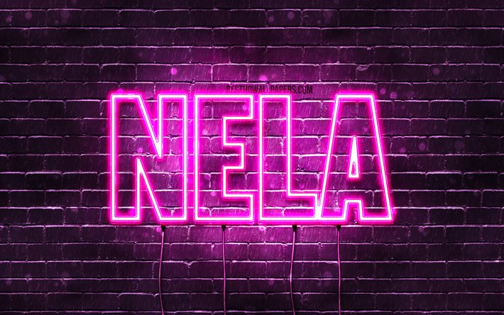 Nela, 4k, sfondi con nomi, nomi femminili, nome Nela, luci al neon viola, Happy Birthday Nela, nomi femminili polacchi popolari, immagine con nome Nela