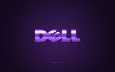 Dell logo, purple carbon background, Dell metal logo, Dell purple emblem, Dell, purple carbon texture