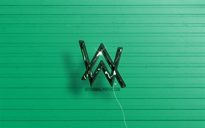 Logo 3D di Alan Walker, 4K, palloncini realistici verde scuro, Alan Olav Walker, logo Alan Walker, DJ norvegesi, sfondi in legno verde, Alan Walker