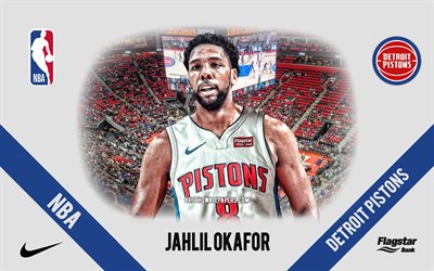 Jahlil Okafor, Detroit Pistons, American Basketball Player, NBA, ritratto, USA, basket, Little Caesars Arena, logo Detroit Pistons