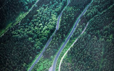 mountain road, serpentines, aerial view, forest, summer, beautiful nature