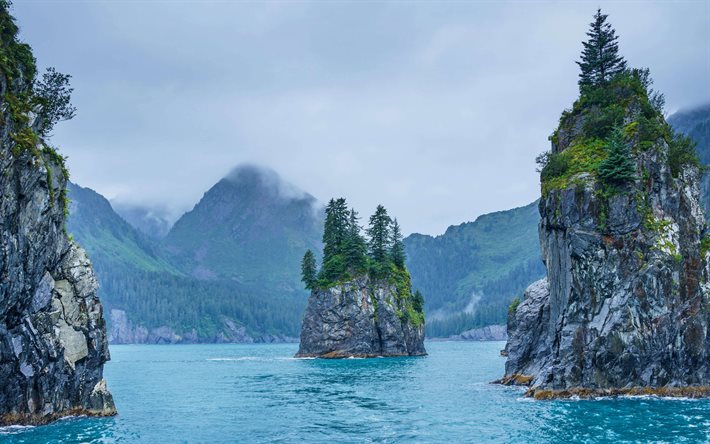 Kuleler Koyu, fiyort, dağ manzarası, kayalar, Kenai Fiyortlar Milli Parkı, Alaska, ABD