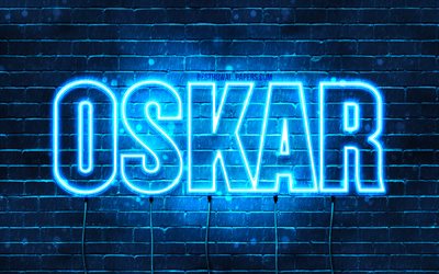 Oskar, 4k, wallpapers with names, Oskar name, blue neon lights, Happy Birthday Oskar, popular polish male names, picture with Oskar name