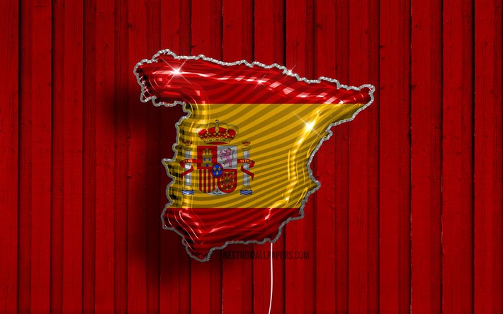 spanien realistische ballons karte, 4k, silhouette von spanien, 3d-karten, spanien karte, spanische flagge, rote holzhintergrund, ballon mit spanischer karte, kreativ, karte von spanien, 3d spanien karte, spanische karte