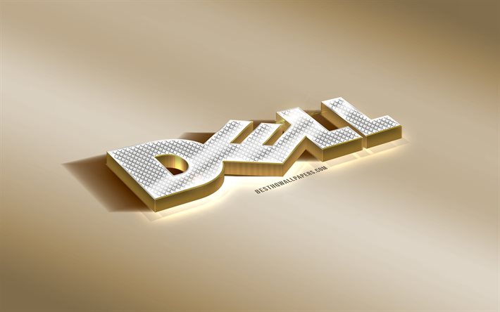 Dell 3d diamonds logo, gold background, Dell, 3d Dell emblem, gems, Dell logo