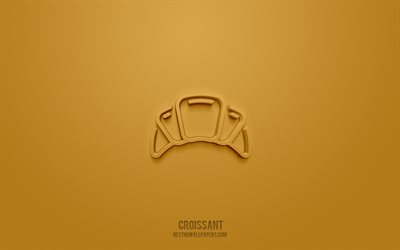 Icona croissant 3d, sfondo marrone, simboli 3d, croissant, icone del cibo, icone 3d, segno croissant, icone 3d cibo