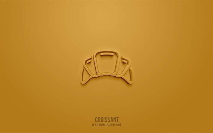 Icona croissant 3d, sfondo marrone, simboli 3d, croissant, icone del cibo, icone 3d, segno croissant, icone 3d cibo