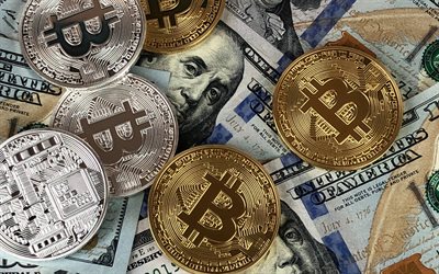 Bitcoin guldmynt, amerikanska dollar bakgrund, kryptovaluta, bitcoin gyllene tecken, bitcoins p&#229; dollar, amerikanska dollar, finans, pengar