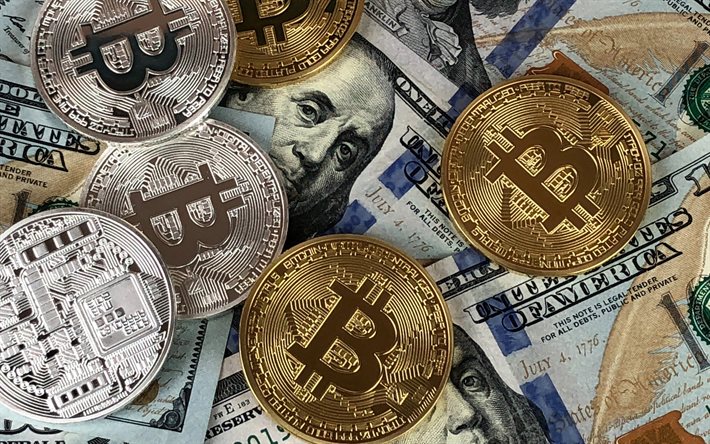 Bitcoin altın sikkeler, amerikan doları arka plan, kripto para birimi, bitcoin altın işareti, dolar bitcoins, amerikan doları, finans, para