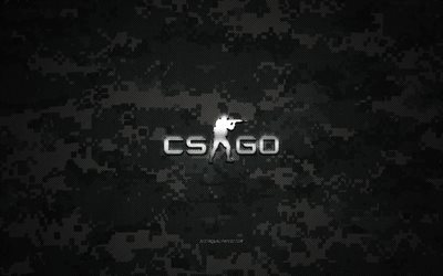 Logo CS GO, texture mimetica, emblema in metallo CS GO, sfondo mimetico, logo Counter-Strike, sfondo militare, Offensiva globale counter-strike