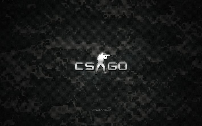 Logo CS GO, texture camouflage, embl&#232;me m&#233;tallique CS GO, fond camouflage, logo Counter-Strike, fond militaire, Contre-attaque offensive mondiale