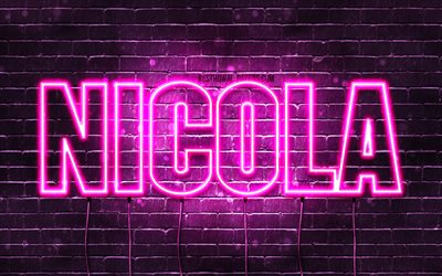 Nicola, 4k, wallpapers with names, female names, Nicola name, purple neon lights, Happy Birthday Nicola, popular polish female names, picture with Nicola name