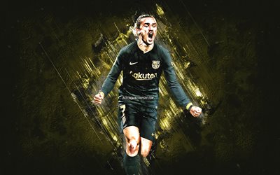 Antoine Griezmann, FC Barcelona, French footballer, Barcelona black uniform, La Liga, Spain, football, golden stone background