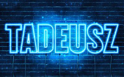 Tadeusz, 4k, wallpapers with names, Tadeusz name, blue neon lights, Happy Birthday Tadeusz, popular polish male names, picture with Tadeusz name