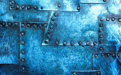 plaques m&#233;talliques rivet&#233;es, fonds m&#233;talliques bleus, motifs de plaques m&#233;talliques, textures m&#233;talliques, plaques de m&#233;tal bleu
