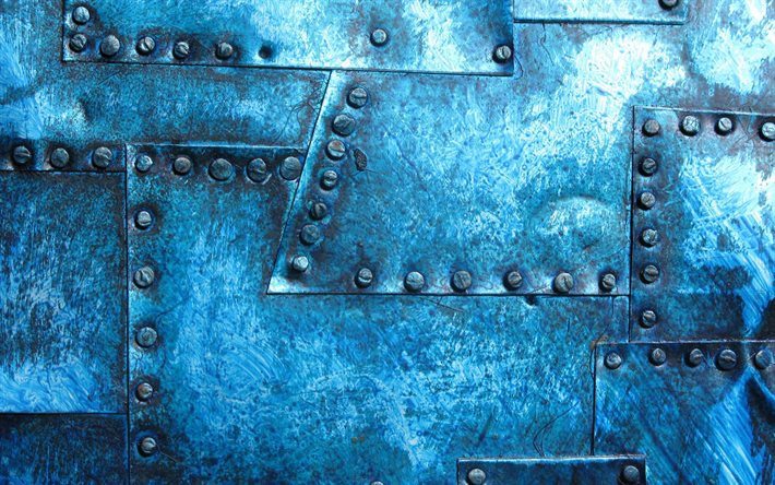 piastre metalliche rivettate, sfondi in metallo blu, motivi di piastre metalliche, trame metalliche, piastre metalliche blu