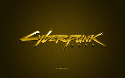 Cyberpunk 2077, popul&#228;rt spel, Cyberpunk 2077 guld logotyp, guld kolfiber bakgrund, Cyberpunk 2077 logotyp, Cyberpunk 2077 emblem