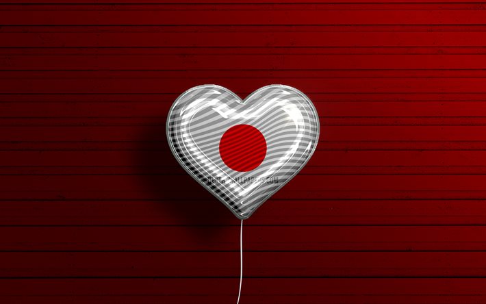 Eu amo o Jap&#227;o, 4k, bal&#245;es realistas, fundo de madeira vermelha, pa&#237;ses asi&#225;ticos, cora&#231;&#227;o de bandeira japonesa, pa&#237;ses favoritos, bandeira do Jap&#227;o, bal&#227;o com bandeira, bandeira japonesa, Jap&#227;o, Love Japa