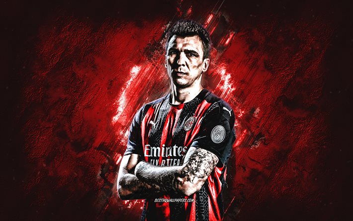 Mario Mandzukic, AC Milan, footballeur croate, portrait, fond de pierre rouge, Serie A, Italie, soccer
