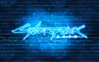 Cyberpunk 2077 logo azul, 4k, blue brickwall, ilustraciones, Cyberpunk 2077 logo, RPG, Cyberpunk 2077 neon logo, Cyberpunk 2077
