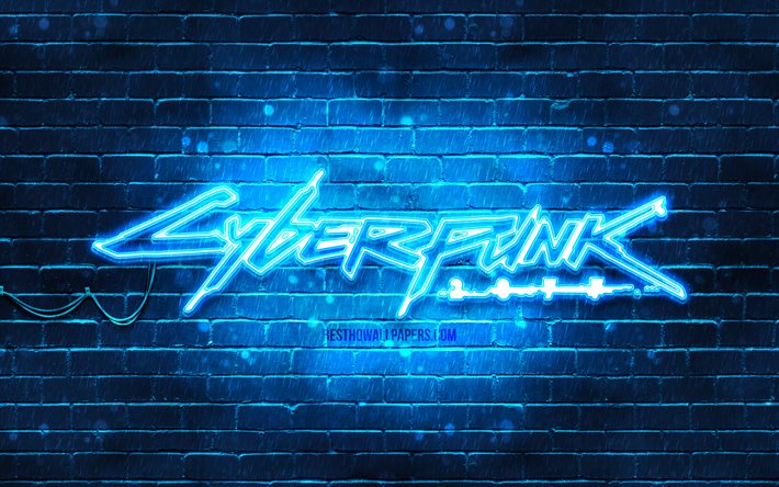 Cyberpunk 2077 mavi logo, 4k, mavi tuğla duvar, sanat eseri, Cyberpunk 2077 logosu, RPG, Cyberpunk 2077 neon logo, Cyberpunk 2077