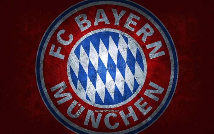 FC Bayern Munich, German football club, red stone background, FC Bayern Munich logo, grunge art, Bundesliga, football, Germany, FC Bayern Munich emblem