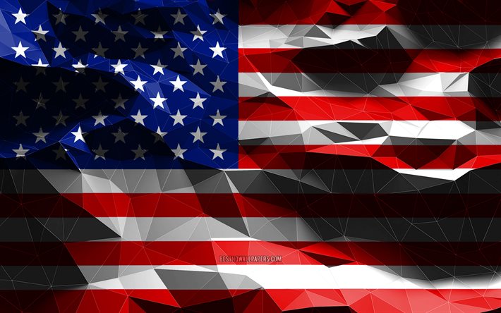 4k, bandeira dos EUA, low poly art, s&#237;mbolos nacionais, Bandeira dos EUA, Bandeiras 3D, Bandeira americana, EUA, Estados Unidos da Am&#233;rica, Am&#233;rica do Norte, Bandeira 3D dos EUA
