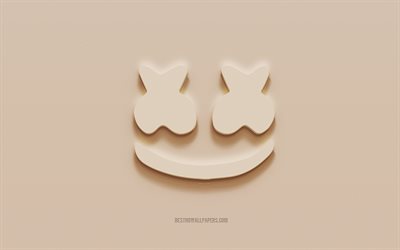 Marshmello-logo, ruskea kipsi tausta, Marshmello 3d-logo, muusikot, Marshmello-tunnus, 3d-taide, Marshmello