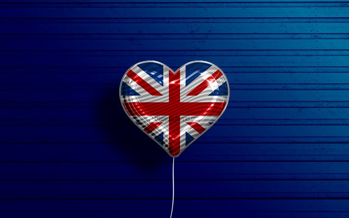 J&#39;aime le Royaume-Uni, 4k, ballons r&#233;alistes, fond en bois bleu, drapeau britannique, j&#39;aime la Grande-Bretagne, l&#39;Europe, les pays pr&#233;f&#233;r&#233;s, le drapeau du Royaume-Uni, ballon avec le drapeau, Royaume-Uni, l&#39;amour du Ro