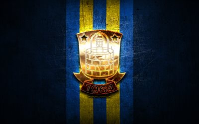 Brondby FC, golden logo, Danish Superliga, blue metal background, football, danish football club, Brondby logo, soccer, Brondby IF
