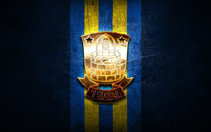 Brondby FC, golden logo, Danish Superliga, blue metal background, football, danish football club, Brondby logo, soccer, Brondby IF