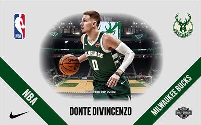 Donte DiVincenzo, Milwaukee Bucks, jogador de basquete americano, NBA, retrato, EUA, basquete, Fiserv Forum, logotipo do Milwaukee Bucks