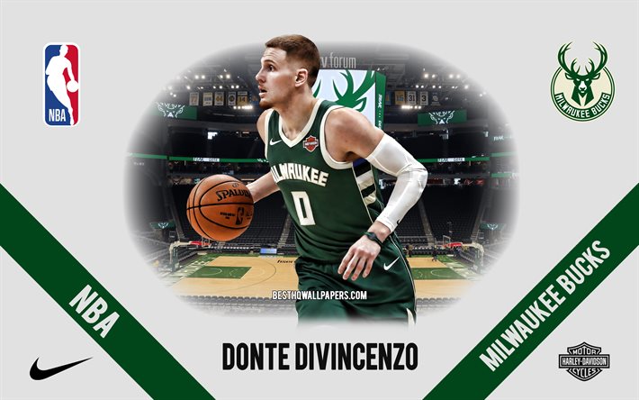 Donte DiVincenzo, Milwaukee Bucks, American Basketball Player, NBA, portrait, USA, basketball, Fiserv Forum, Milwaukee Bucks logo