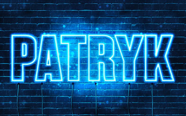 Patryk, 4k, sfondi con nomi, nome Patryk, luci al neon blu, Happy Birthday Patryk, nomi maschili polacchi popolari, foto con nome Patryk