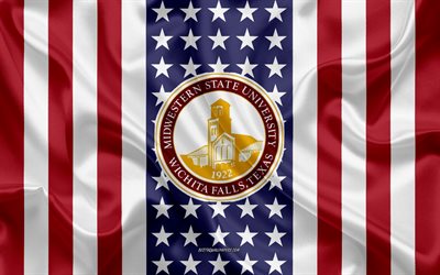 Midwestern State University Emblem, American Flag, Midwestern State University logo, Wichita Falls, Texas, USA, Midwestern State University