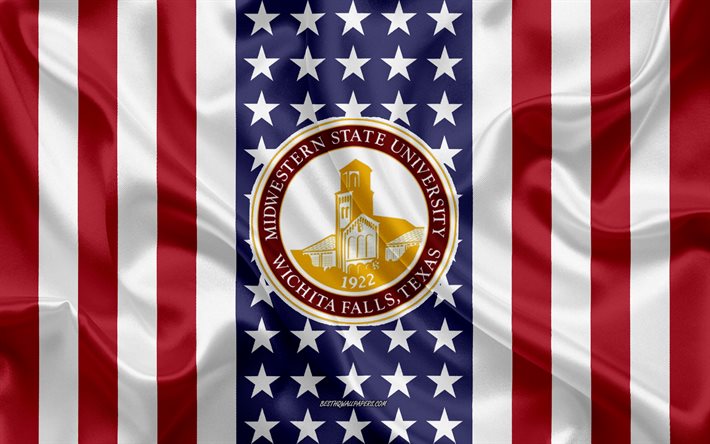 Emblema da Midwestern State University, bandeira americana, logotipo da Midwestern State University, Wichita Falls, Texas, EUA, Midwestern State University