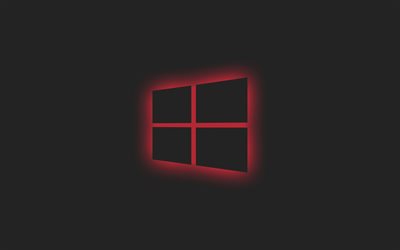 赤いWindowsのロゴ, 灰色の背景, Windowsの赤い光のロゴ, Windowsの赤いエンブレム, Windows, ミニマル, Windowsロゴ