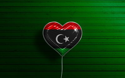 Libya seviyorum, 4k, ger&#231;ek&#231;i balonlar, yeşil ahşap arka plan, Afrika &#252;lkeleri, Libya bayrak kalbi, favori &#252;lkeler, Libya bayrağı, bayraklı balon, Libya