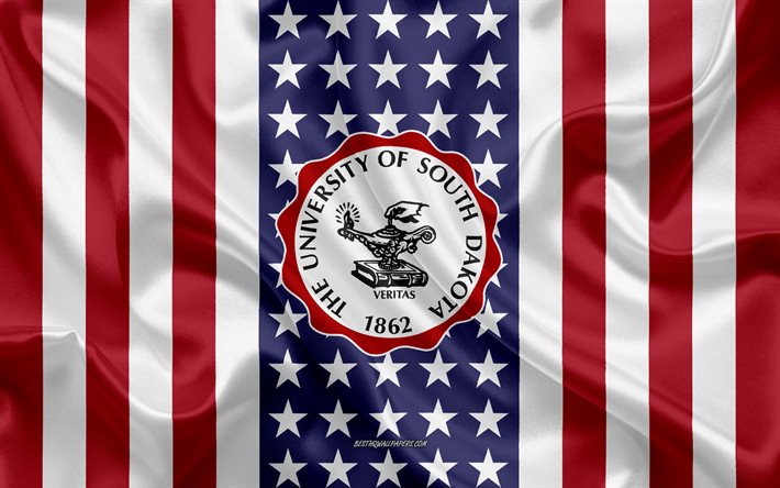 emblem der universit&#228;t von south dakota, amerikanische flagge, logo der universit&#228;t von south dakota, vermillion, south dakota, usa, universit&#228;t von south dakota