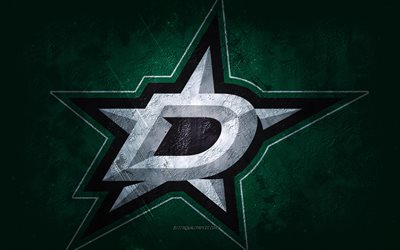 Dallas Stars, time americano de h&#243;quei, fundo de pedra verde, logotipo do Dallas Stars, arte grunge, NHL, h&#243;quei, EUA, emblema do Dallas Stars